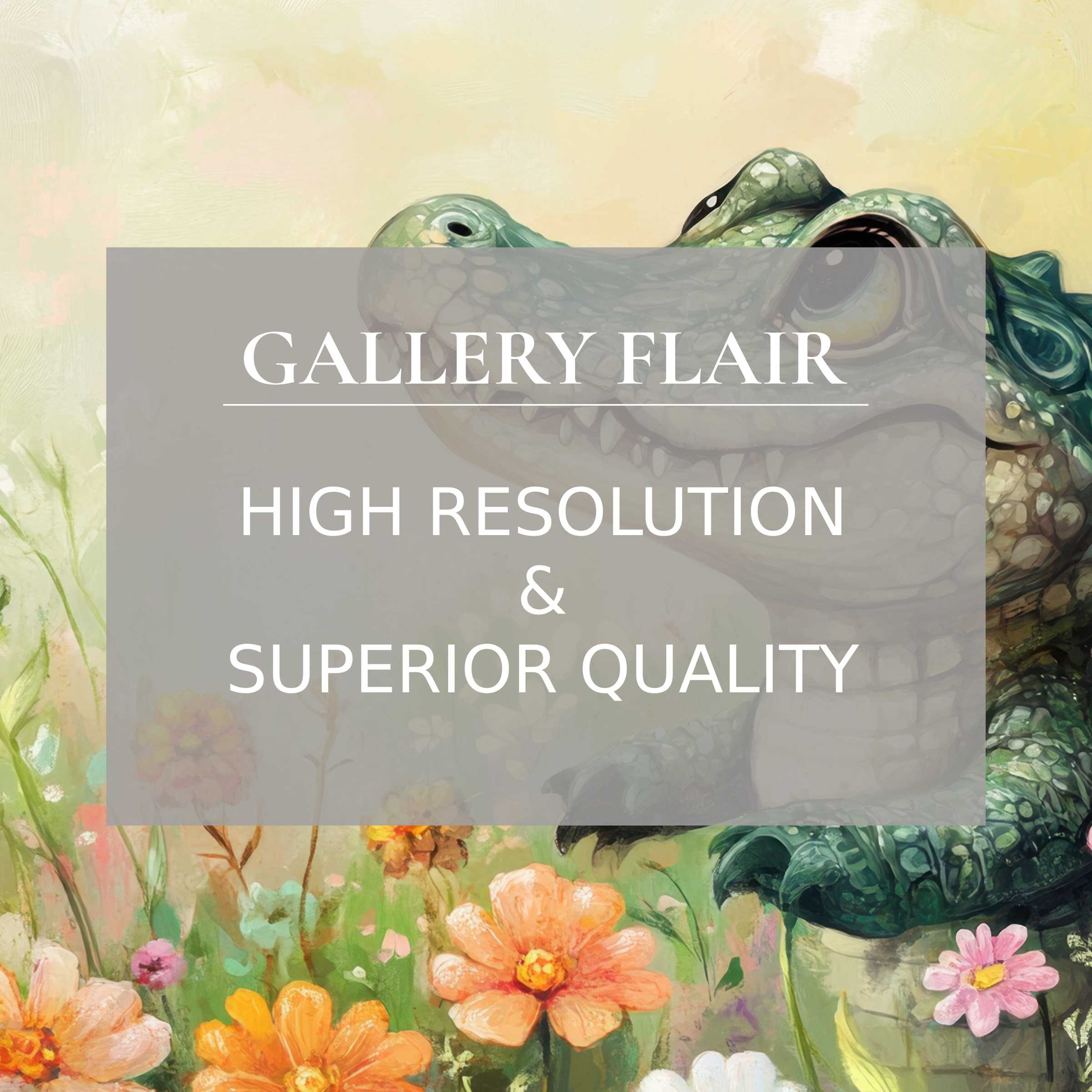Whimsical wallpaper for Mac and PC with a serene crocodile amidst vibrant flowers, ideal for an inspiring workspace or home office; easy high-resolution digital download