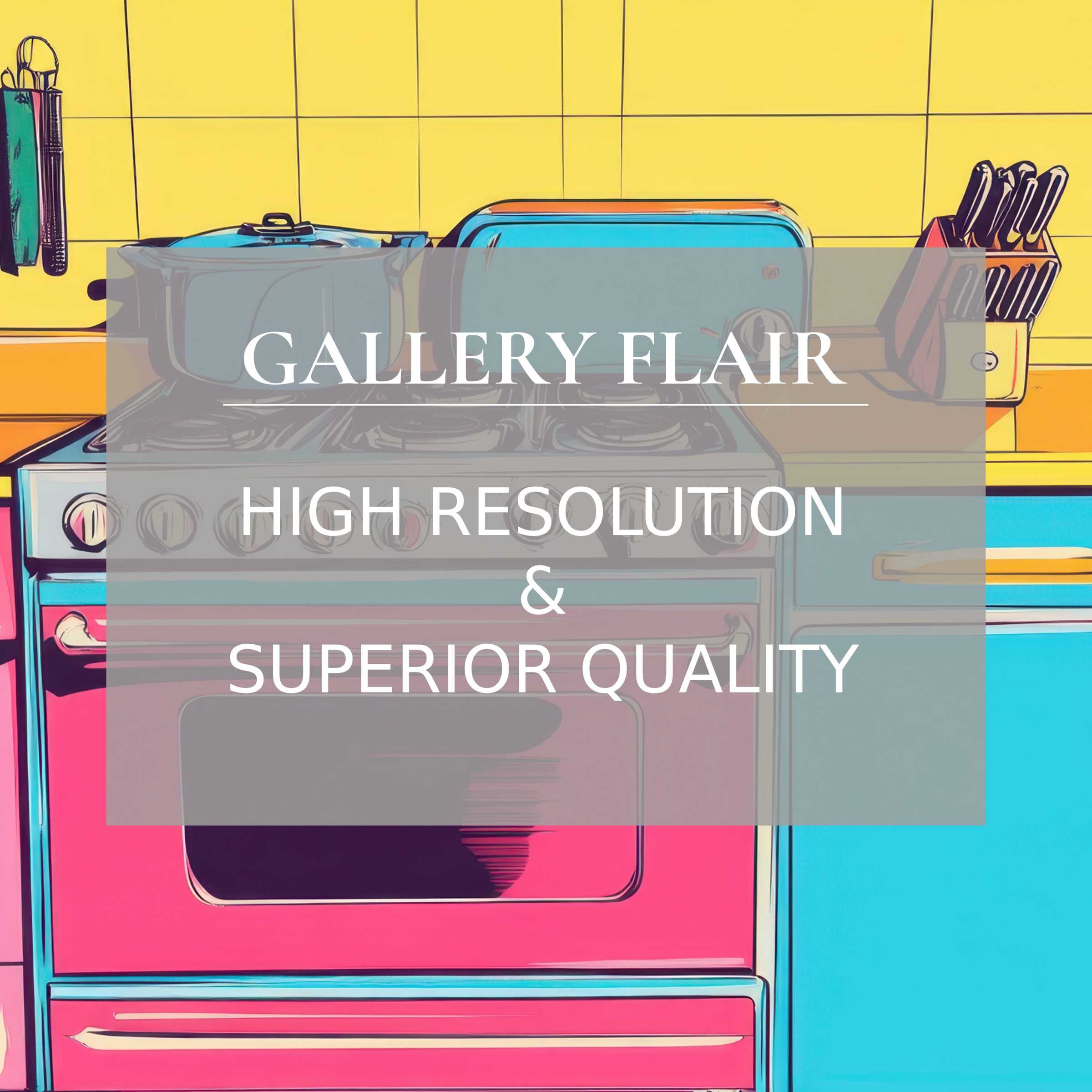 Colorful pop art kitchen digital download enhances Mac and PC wallpaper for tranquil home office, curated high-resolution elegance