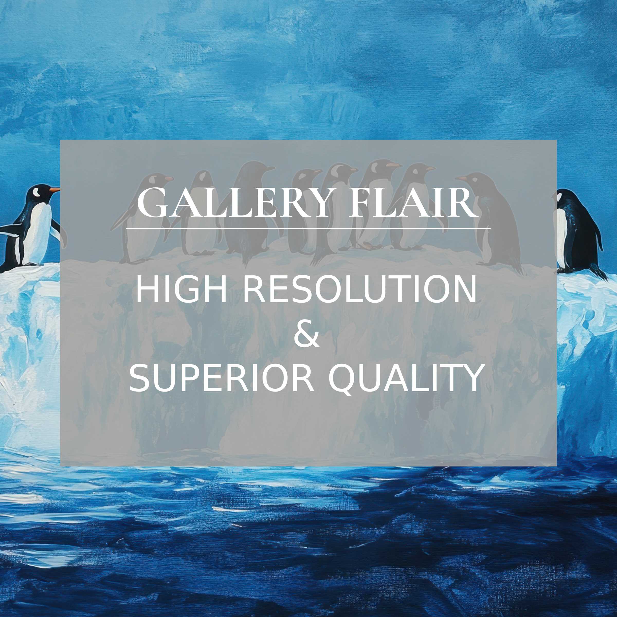 Elegant penguins on a serene iceberg inspire mindfulness, offering a high-resolution wallpaper for Mac and PC, easy digital download